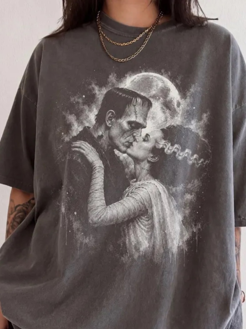 Gothic Frankenstein & Bride Romantic Moon Graphic T-Shirt